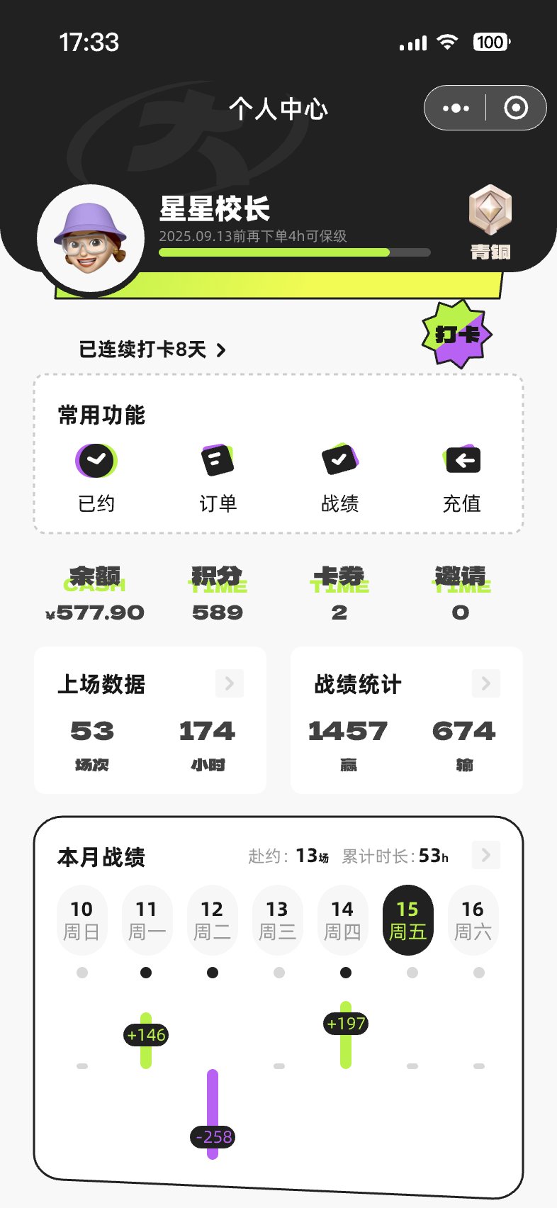 User center screen — profile, membership tier and streak, quick actions, balance and points, session and win/loss stats, and monthly results