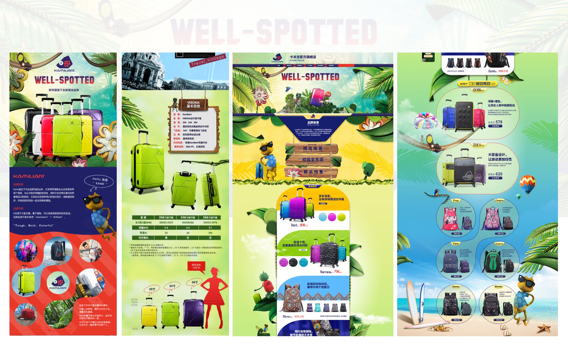 Kamiliant Well-Spotted campaign visual — brand story and colorful luggage lineup